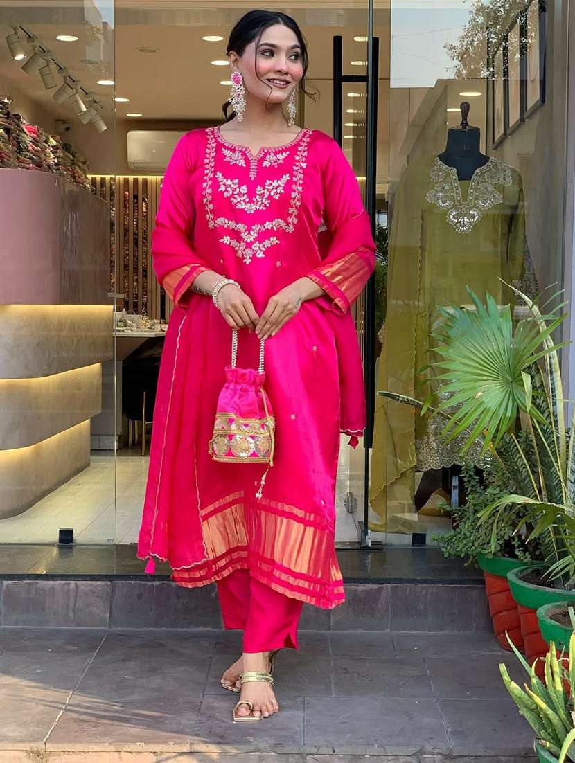 women solid with work three quarter sleeve kurta pant with dupatta set - 22225275 -  Standard Image - 1