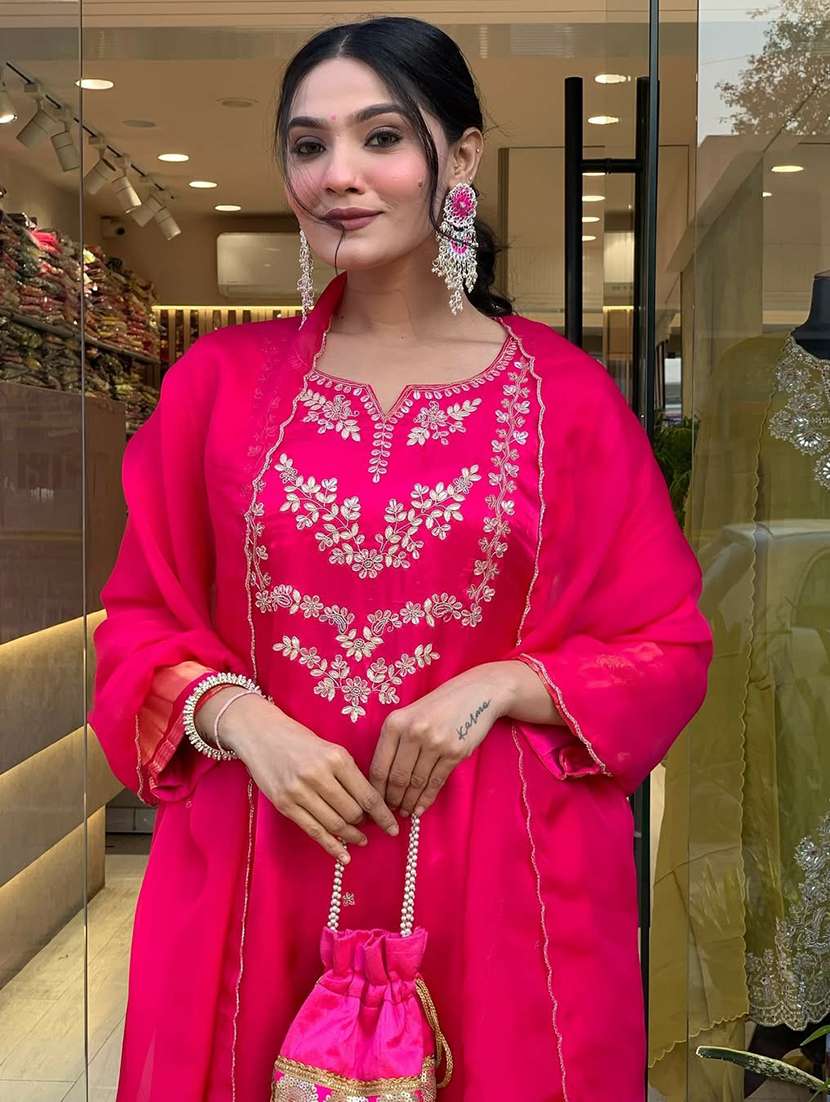 women solid with work three quarter sleeve kurta pant with dupatta set - 22225275 -  Standard Image - 4