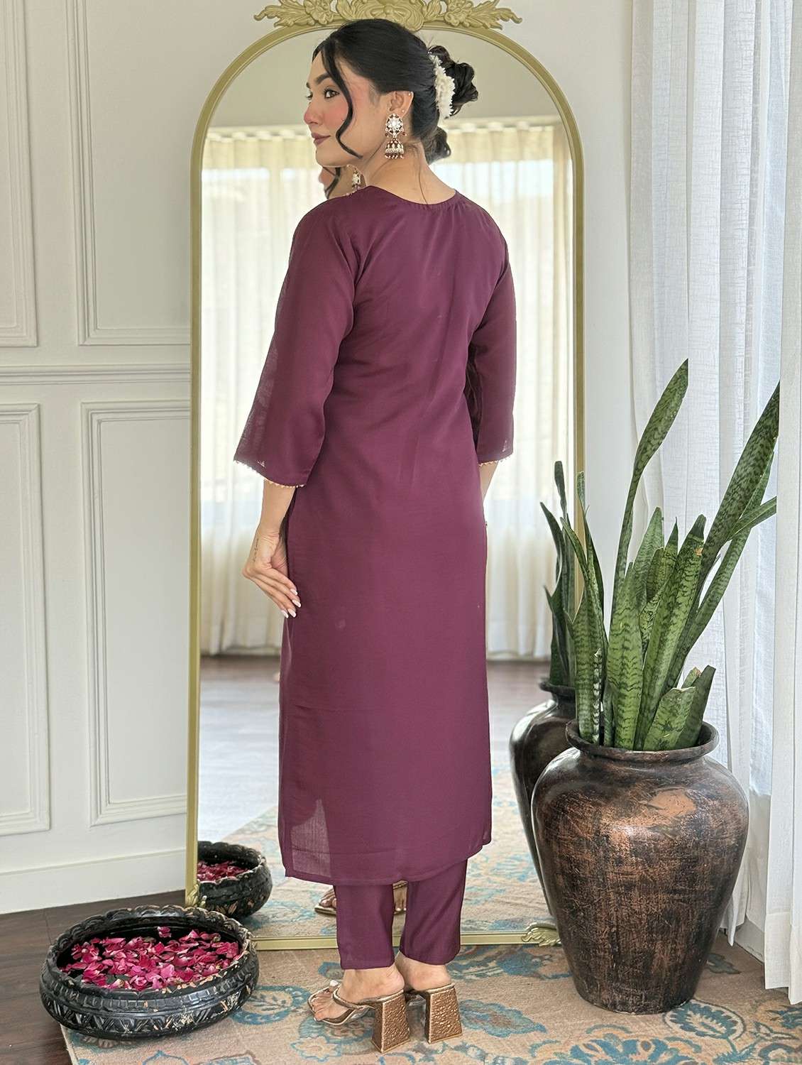 women solid with work three quarter sleeve kurta pant with dupatta set - 22225299 -  Standard Image - 1