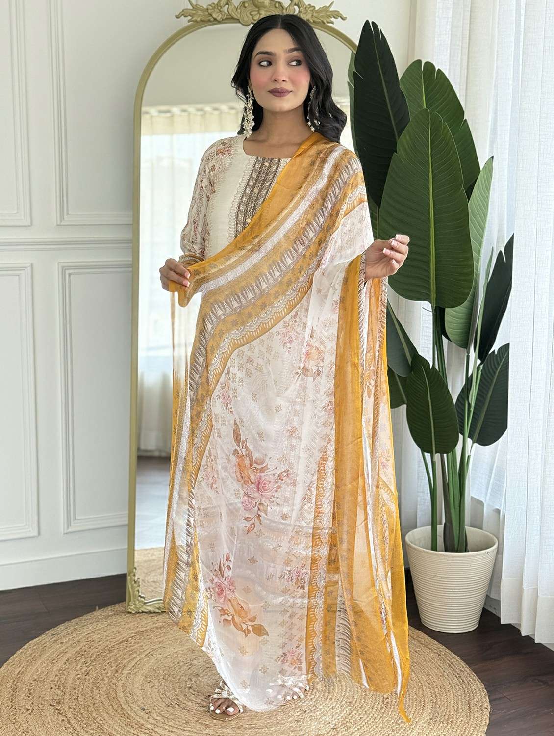 women floral three quarter sleeve kurta pant with dupatta set - 22225303 -  Standard Image - 1