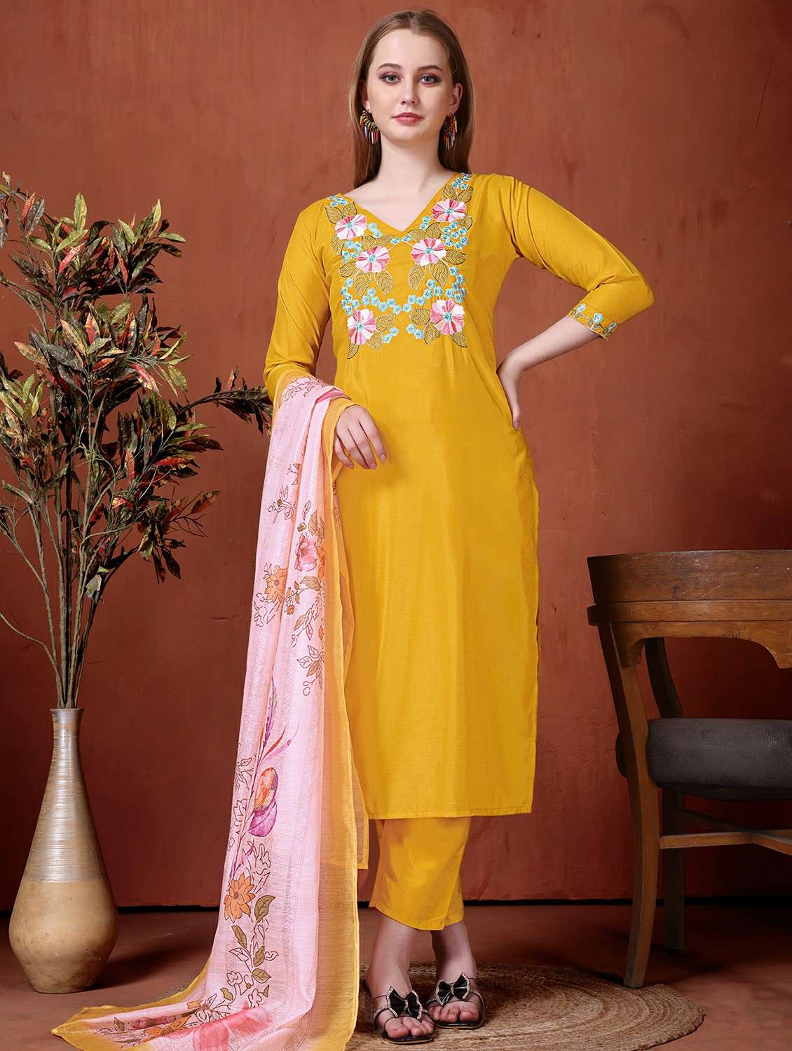women solid with work three quarter sleeve kurta pant with dupatta set - 22225304 -  Standard Image - 1