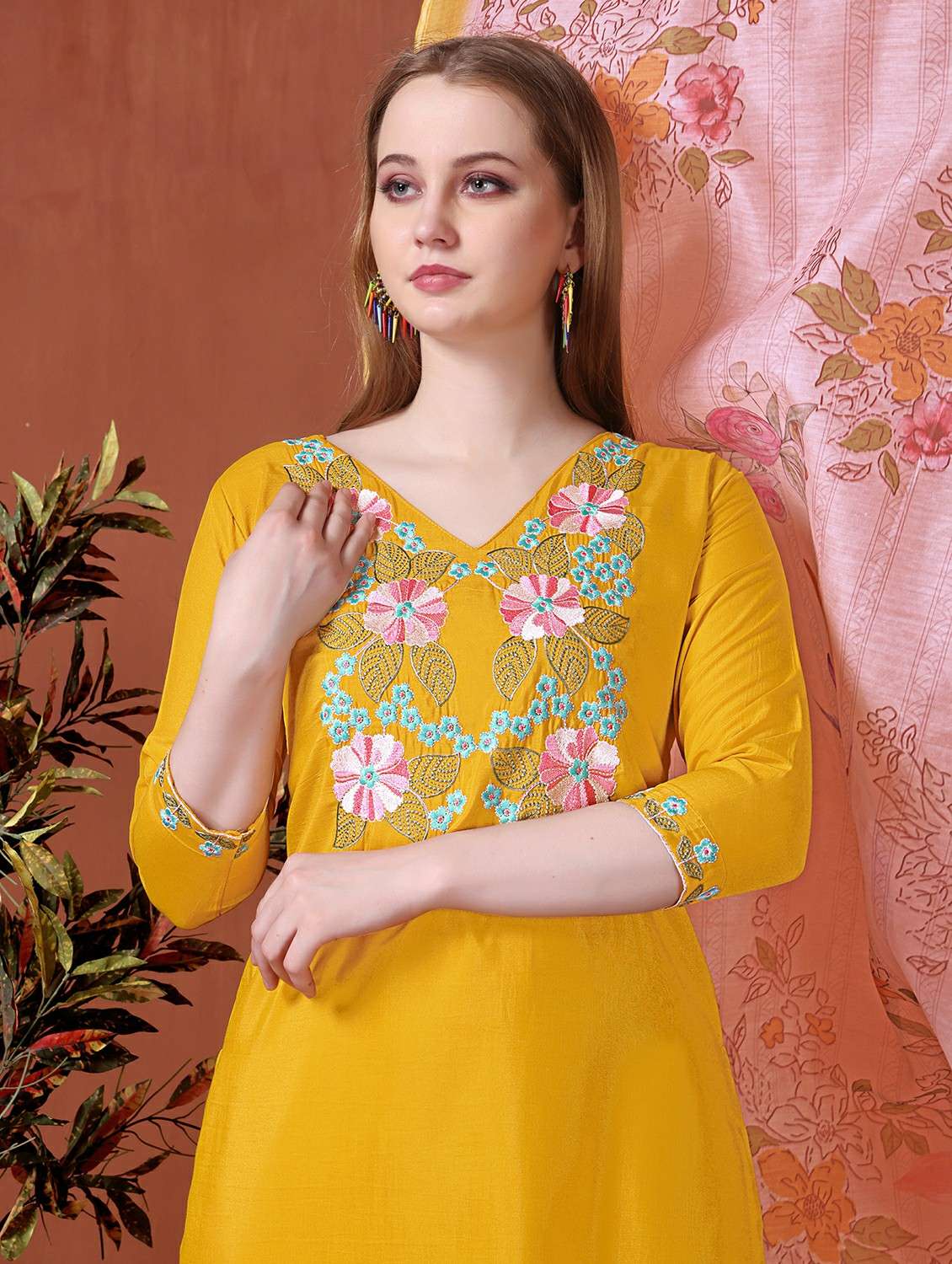 women solid with work three quarter sleeve kurta pant with dupatta set - 22225304 -  Standard Image - 4