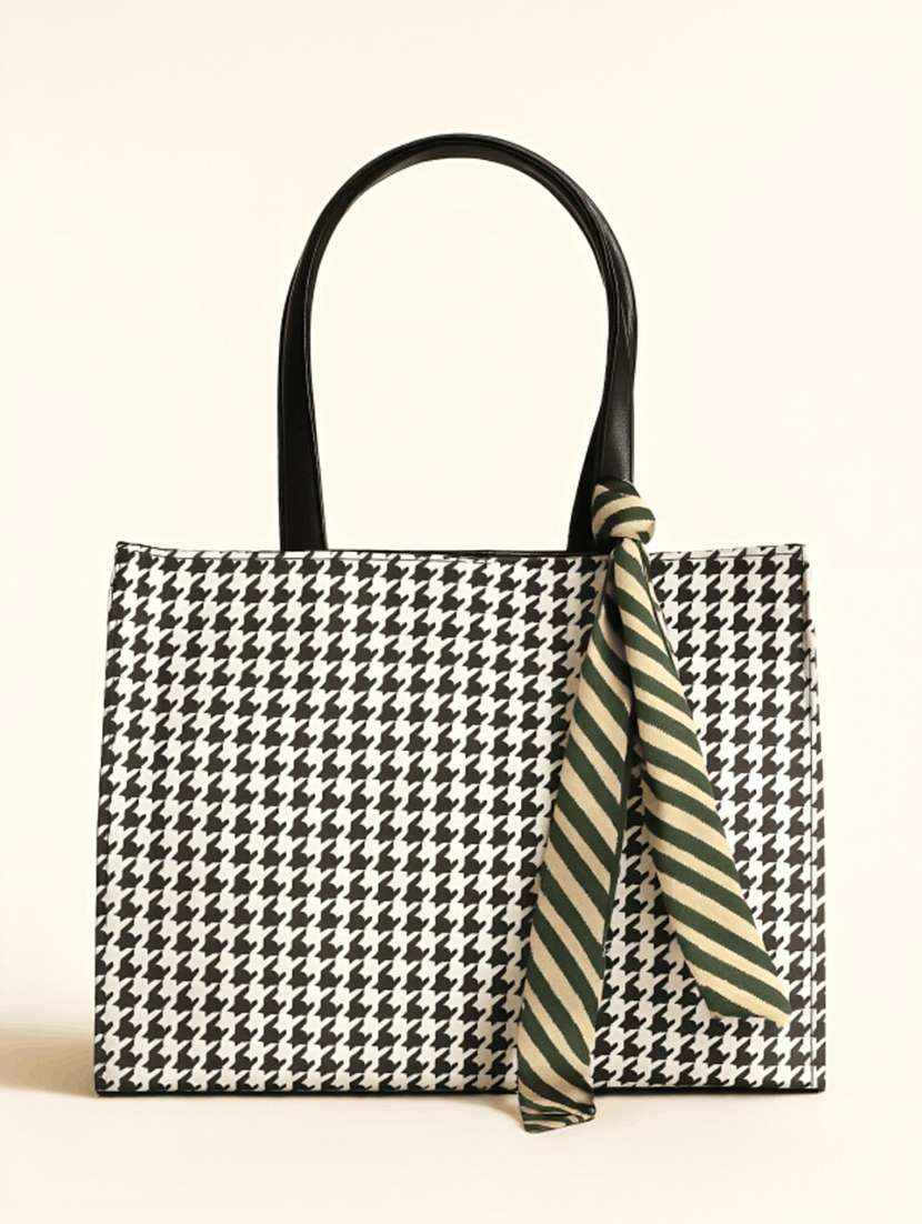 women houndstooth printed pu structured tote bag 