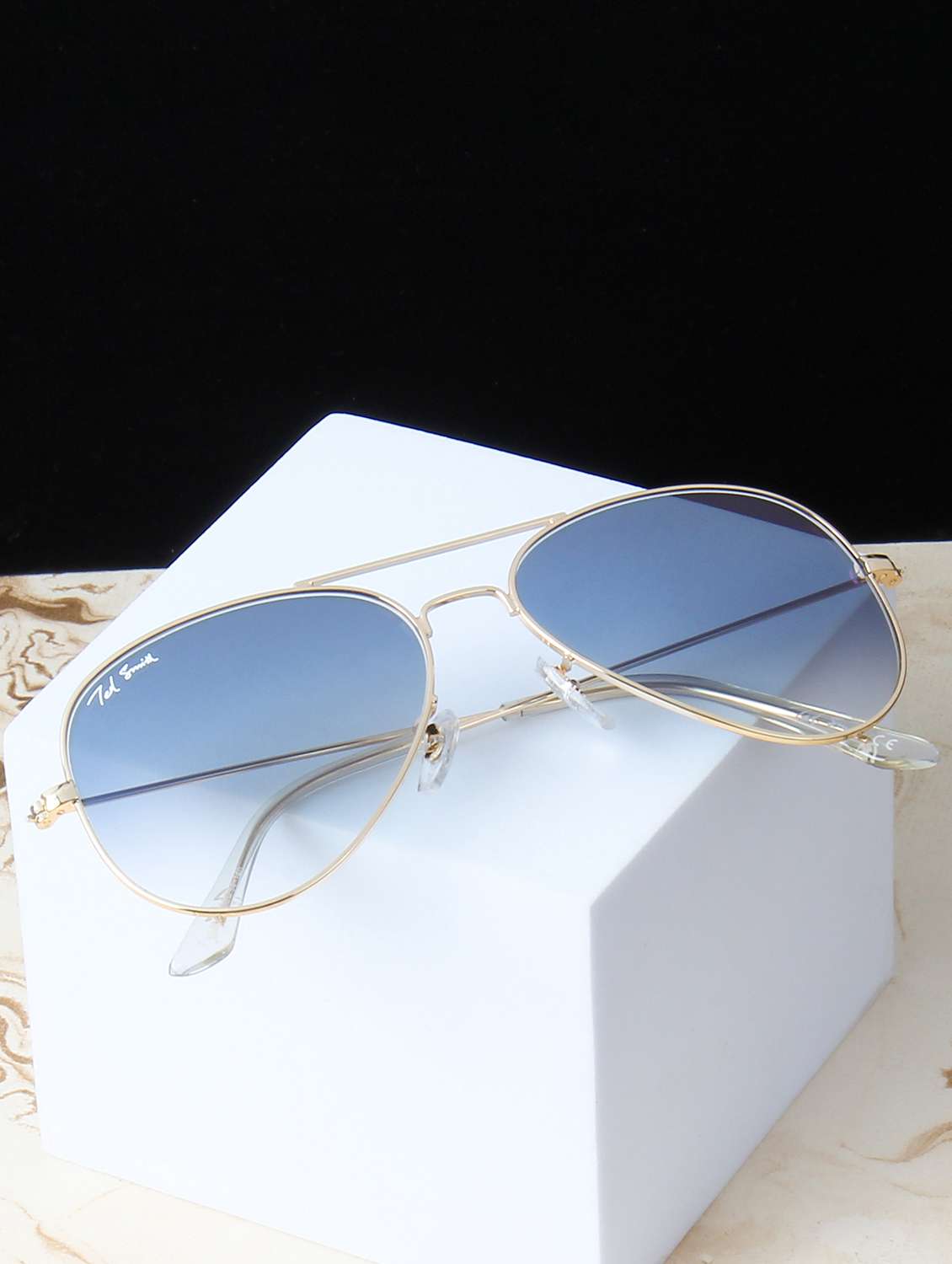 ted smith unisex aviator sunglasses ? gold metal frame , blue graded glass lenses, classic style.