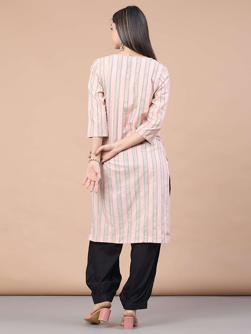 women striped round neck straight kurta  - 22226066 -  Standard Image - 4