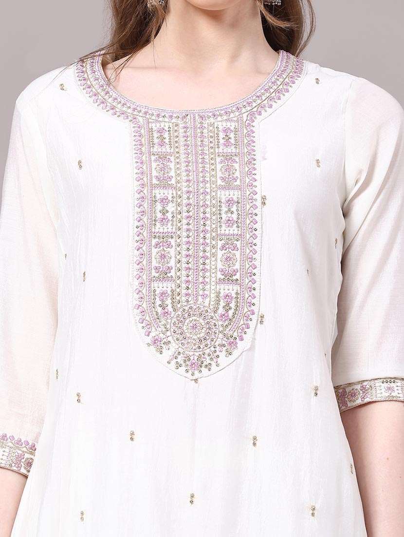 women solid with work three quarter sleeve kurta pant with dupatta set - 22226128 -  Standard Image - 1