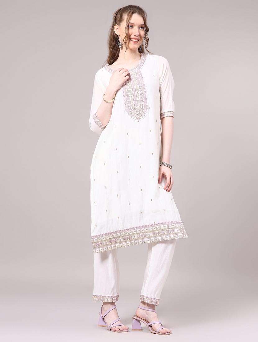 women solid with work three quarter sleeve kurta pant with dupatta set - 22226128 -  Standard Image - 4