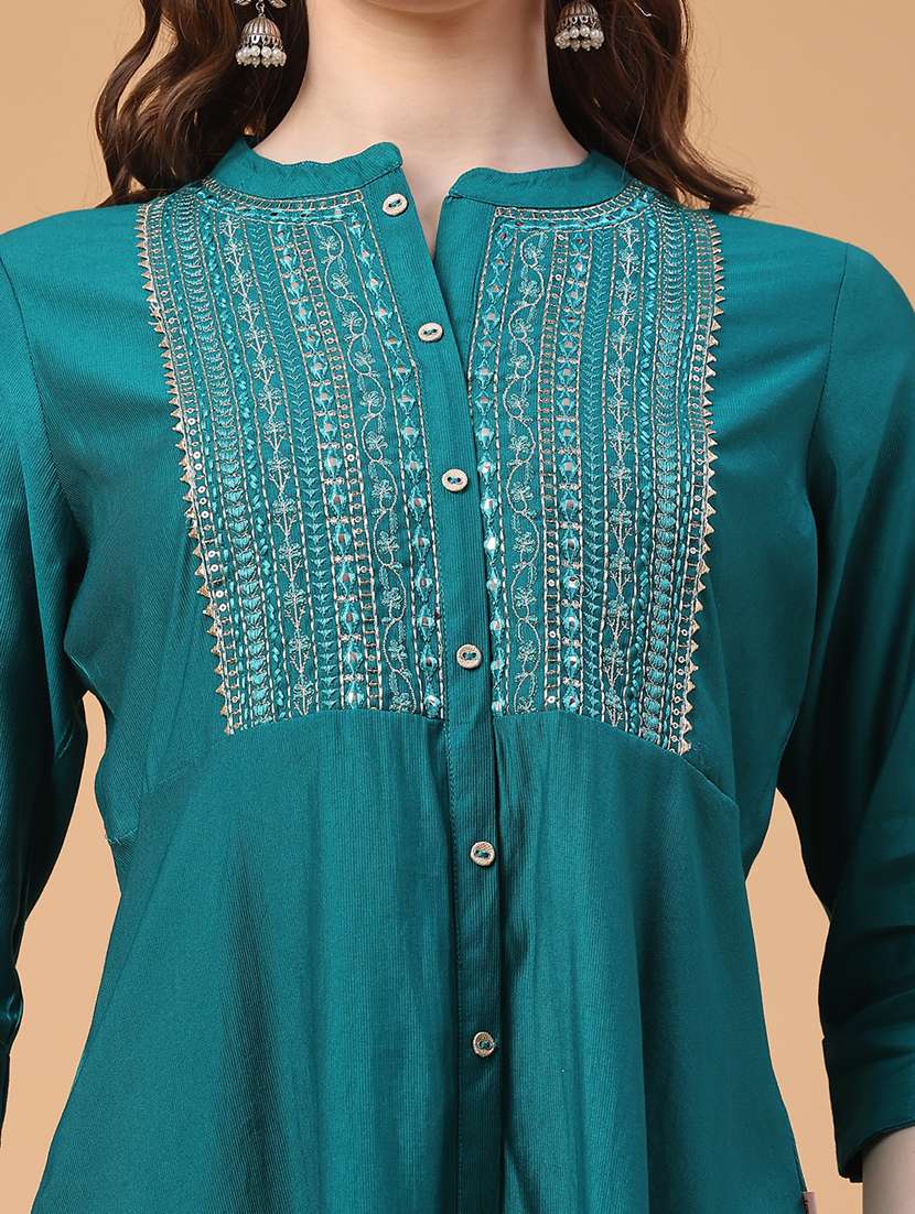 women solid with work three quarter sleeve a-line kurta - 22226260 -  Standard Image - 1