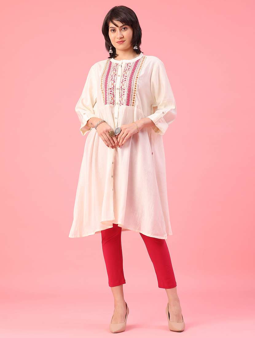women solid with work three quarter sleeve a-line kurta - 22226289 -  Standard Image - 1