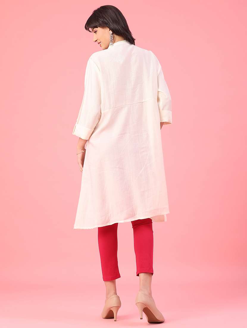 women solid with work three quarter sleeve a-line kurta - 22226289 -  Standard Image - 4
