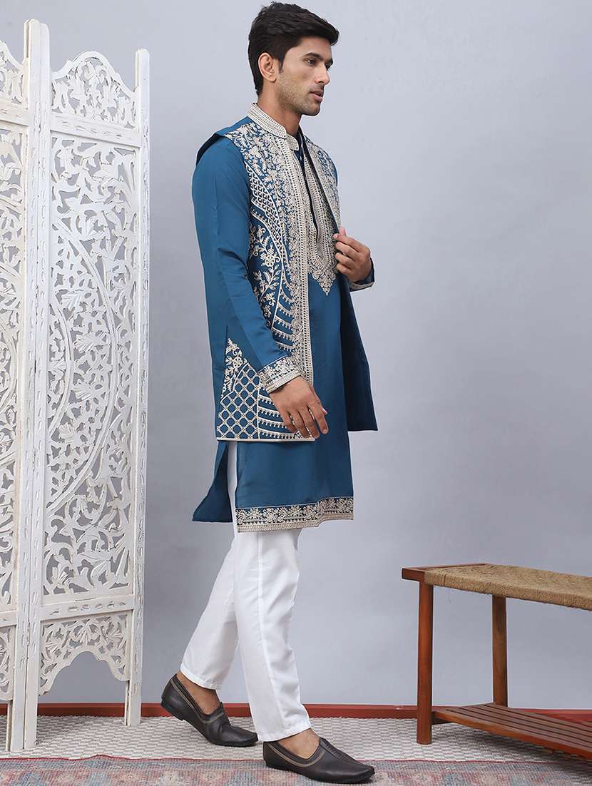 men solid with work mandarin neck kurta pyjama with jacket set - 22226459 -  Standard Image - 1