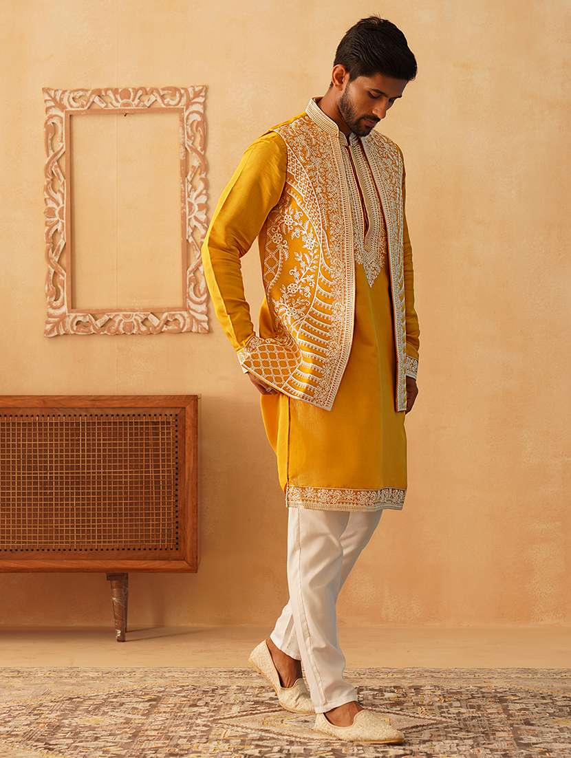 men solid with work mandarin neck kurta pyjama with jacket set - 22226461 -  Standard Image - 1