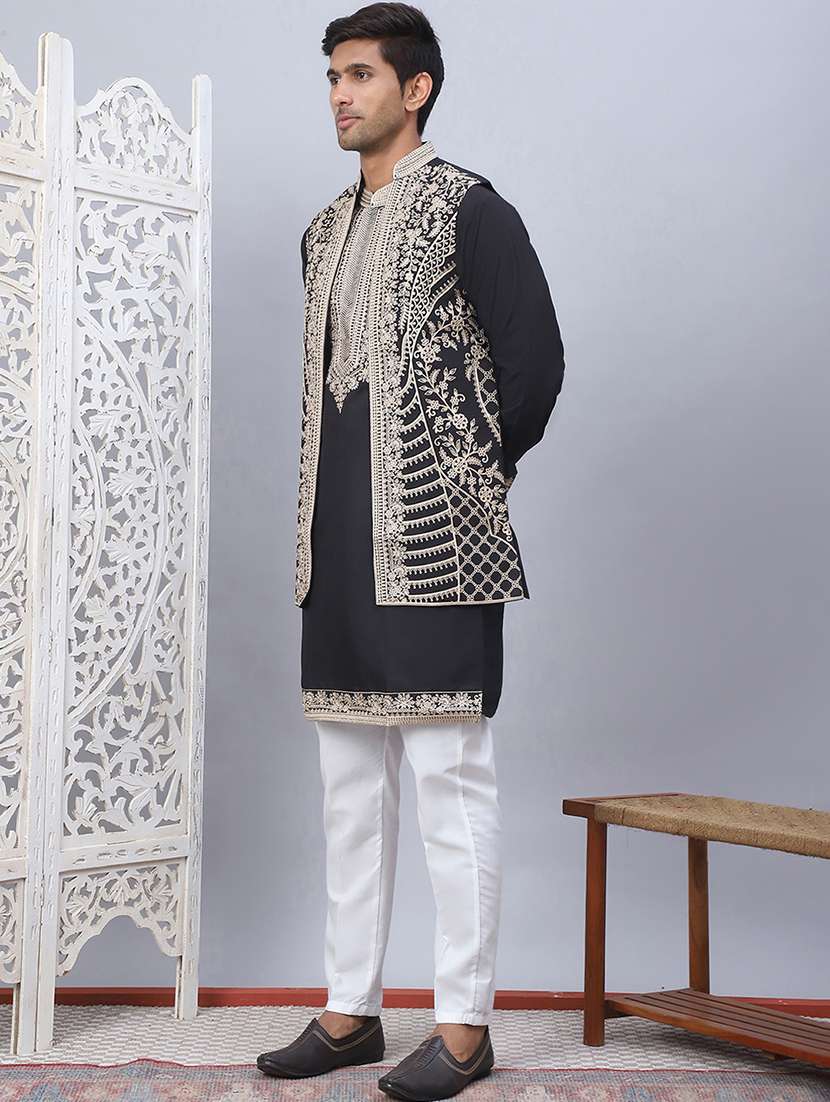 men solid with work mandarin neck kurta pyjama with jacket set - 22226462 -  Standard Image - 1