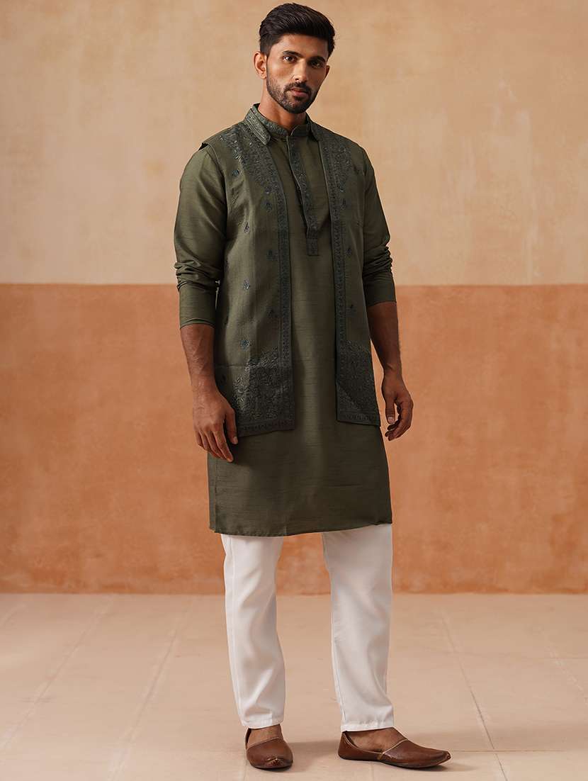 men solid with work mandarin neck kurta pyjama with jacket set - 22226463 -  Standard Image - 1