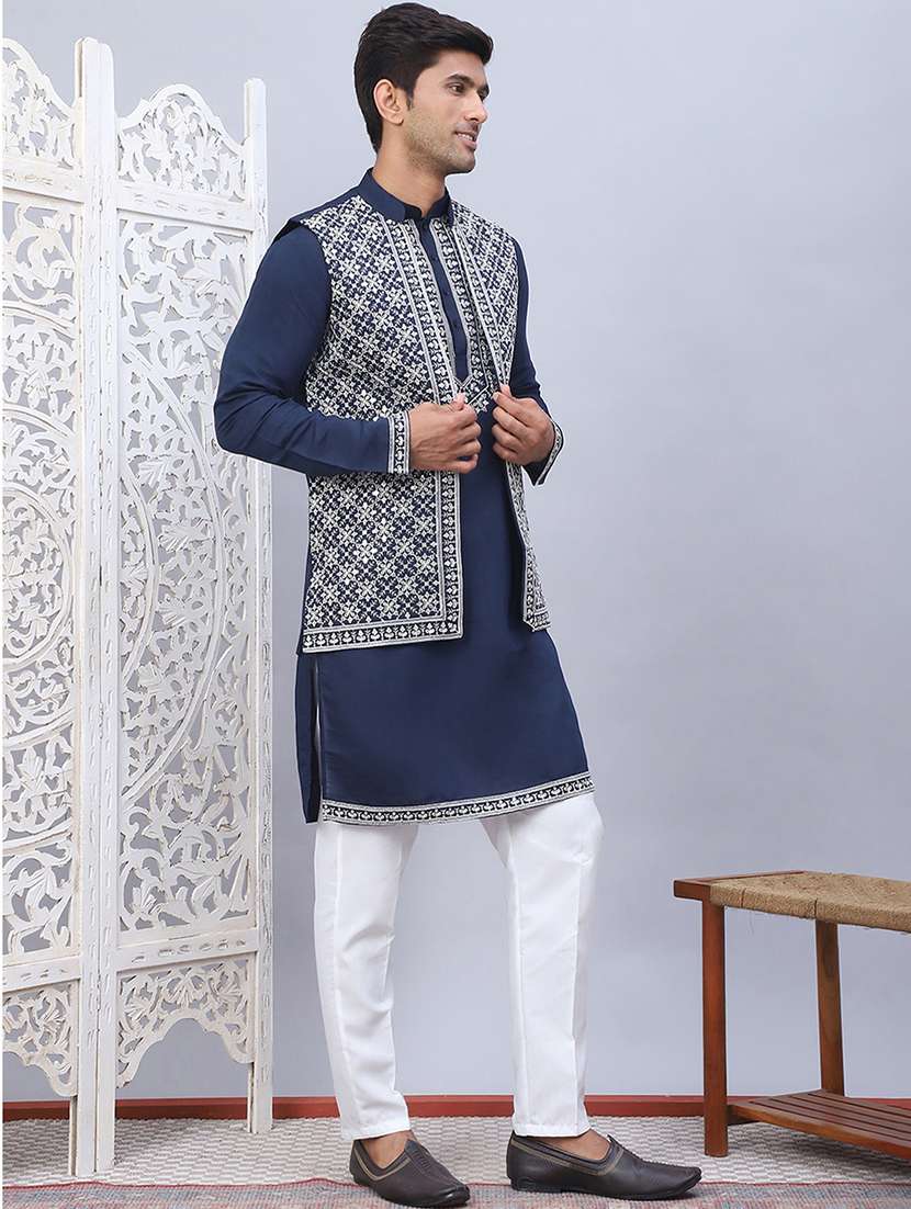 men solid with work mandarin neck kurta pyjama with jacket set - 22226464 -  Standard Image - 1