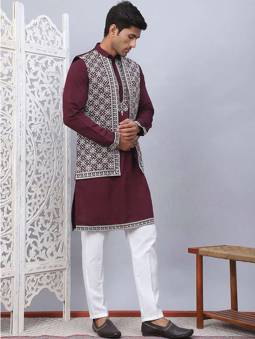 men solid with work mandarin neck kurta pyjama with jacket set - 22226465 -  Standard Image - 1