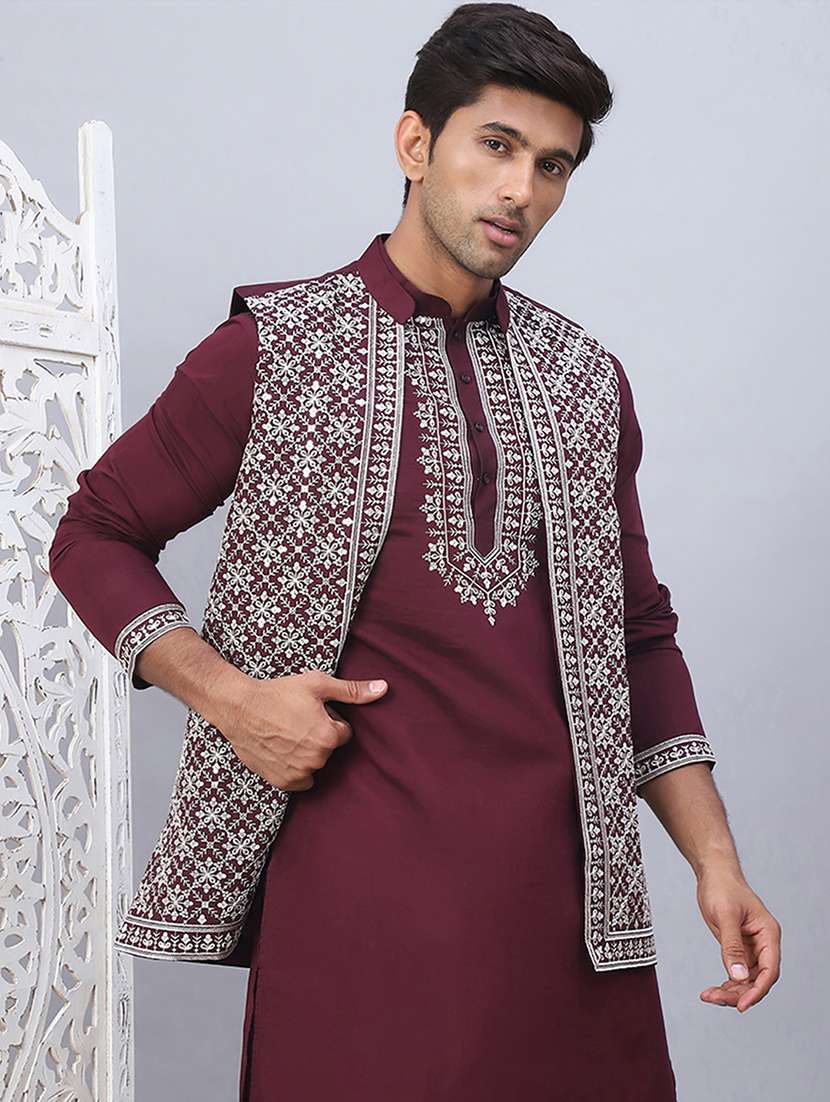 men solid with work mandarin neck kurta pyjama with jacket set - 22226465 -  Standard Image - 4