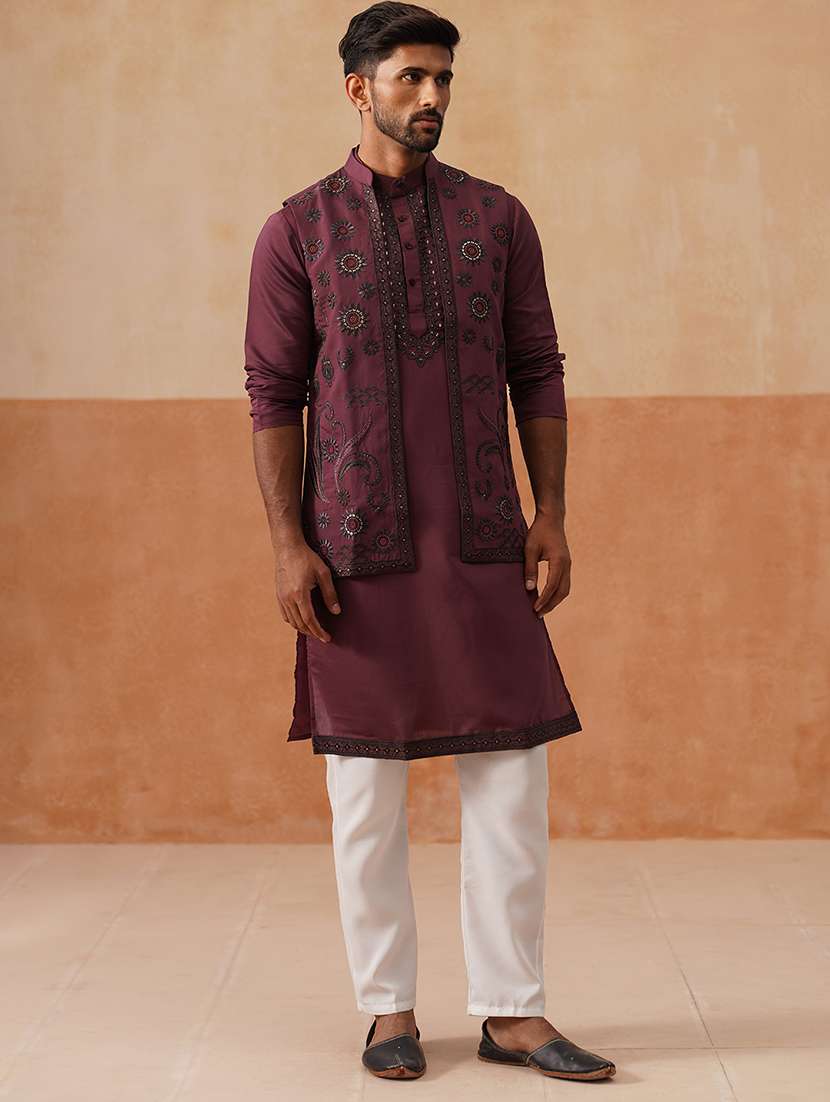 men solid with work mandarin neck kurta pyjama with jacket set - 22226467 -  Standard Image - 1