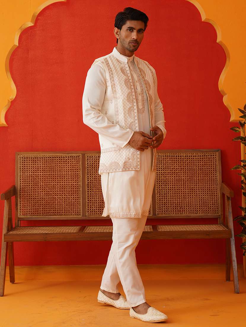 men solid with work mandarin neck kurta pyjama with jacket set - 22226469 -  Standard Image - 1