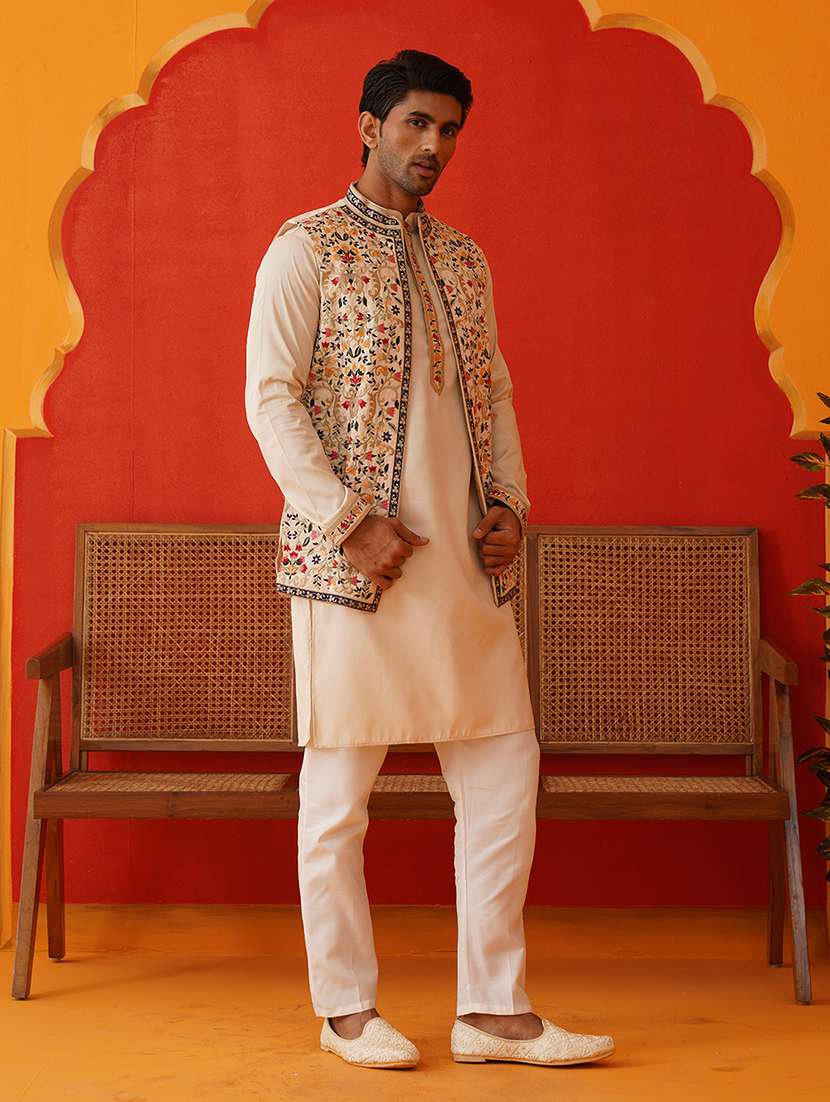 men solid with work mandarin neck kurta pyjama with jacket set - 22226470 -  Standard Image - 1