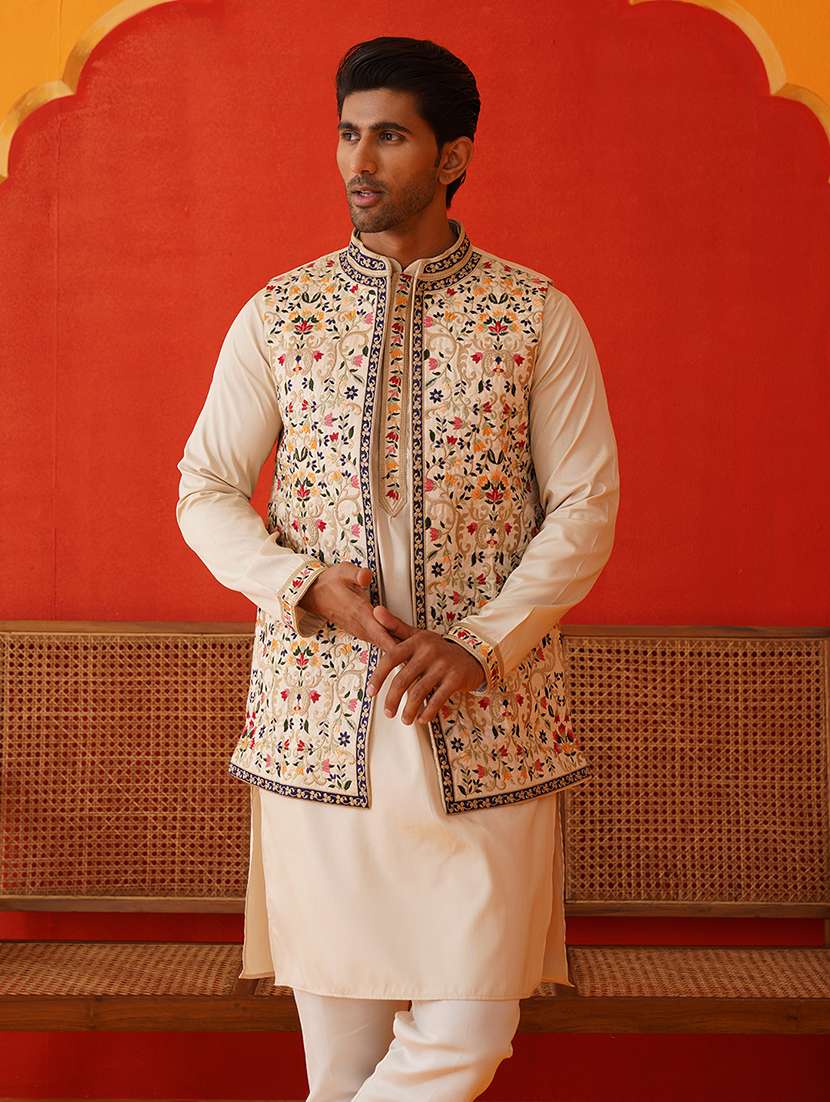 men solid with work mandarin neck kurta pyjama with jacket set - 22226470 -  Standard Image - 4