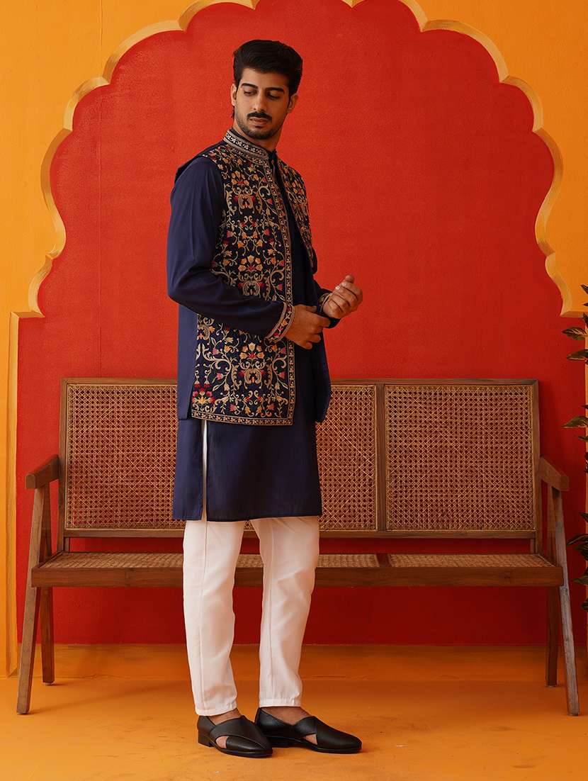 men solid with work mandarin neck kurta pyjama with jacket set - 22226471 -  Standard Image - 1