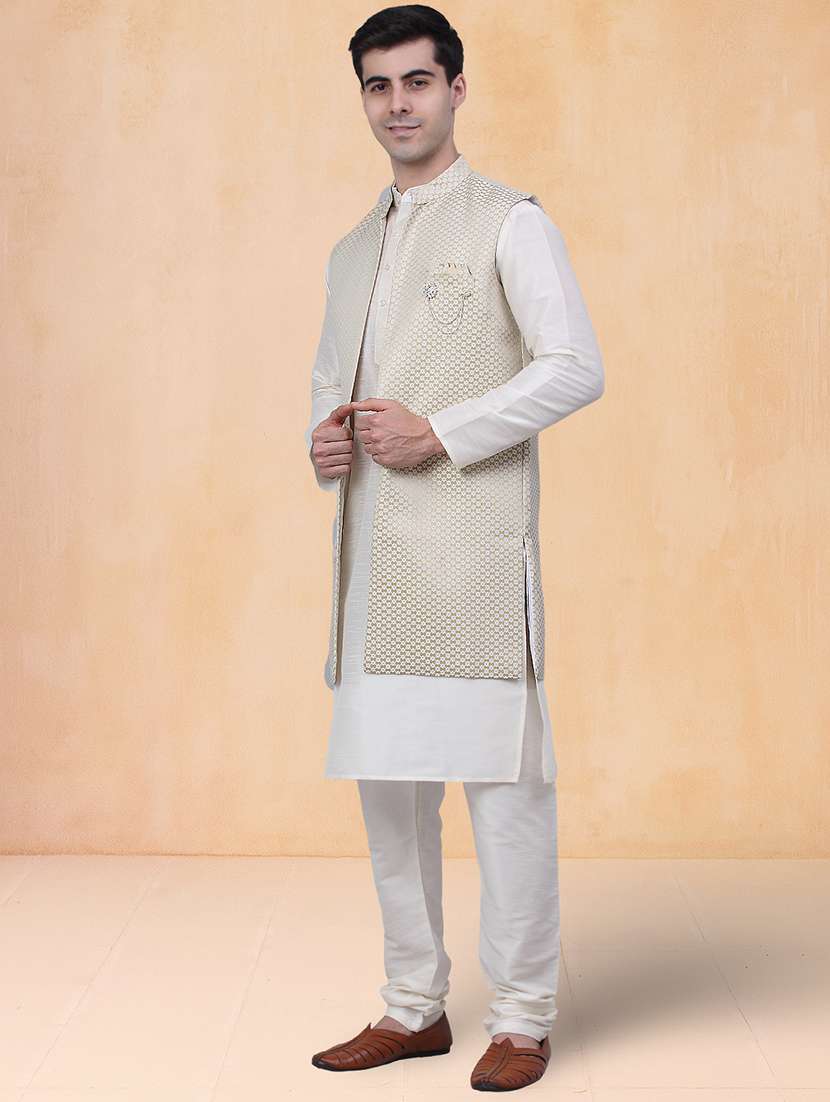 men self design mandarin neck kurta pyjama with jacket set - 22226472 -  Standard Image - 1