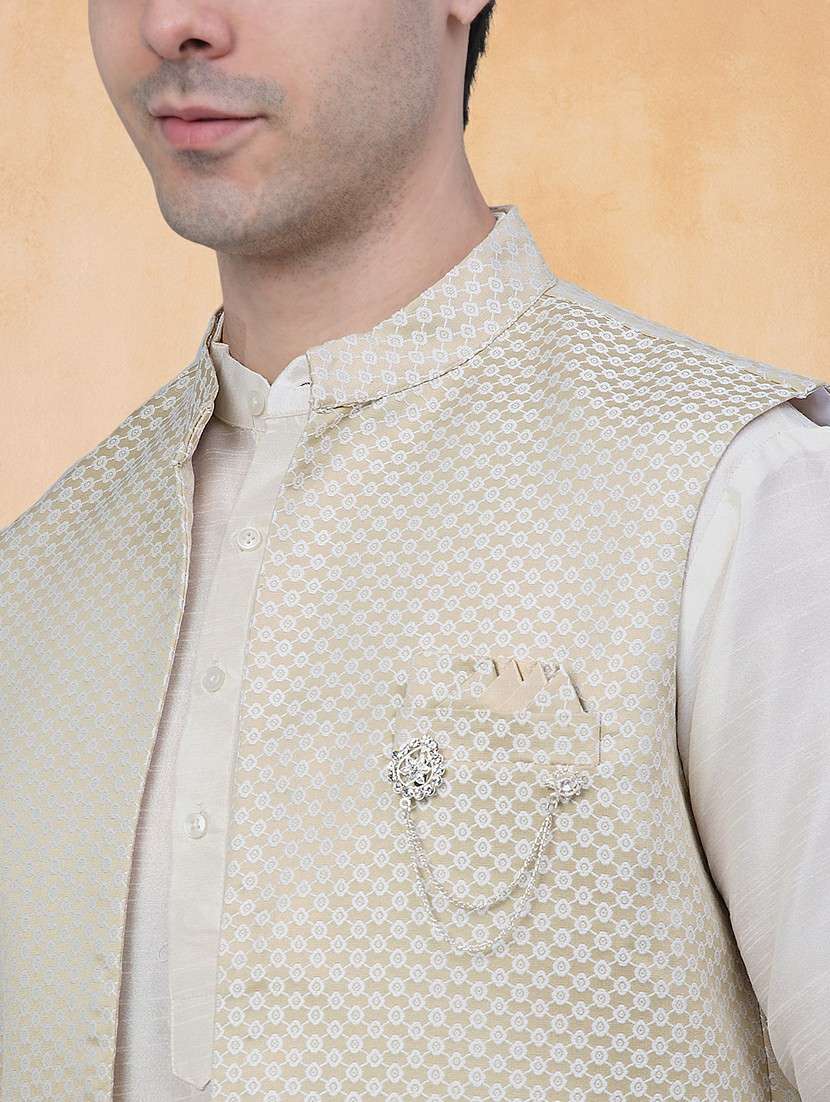 men self design mandarin neck kurta pyjama with jacket set - 22226472 -  Standard Image - 4