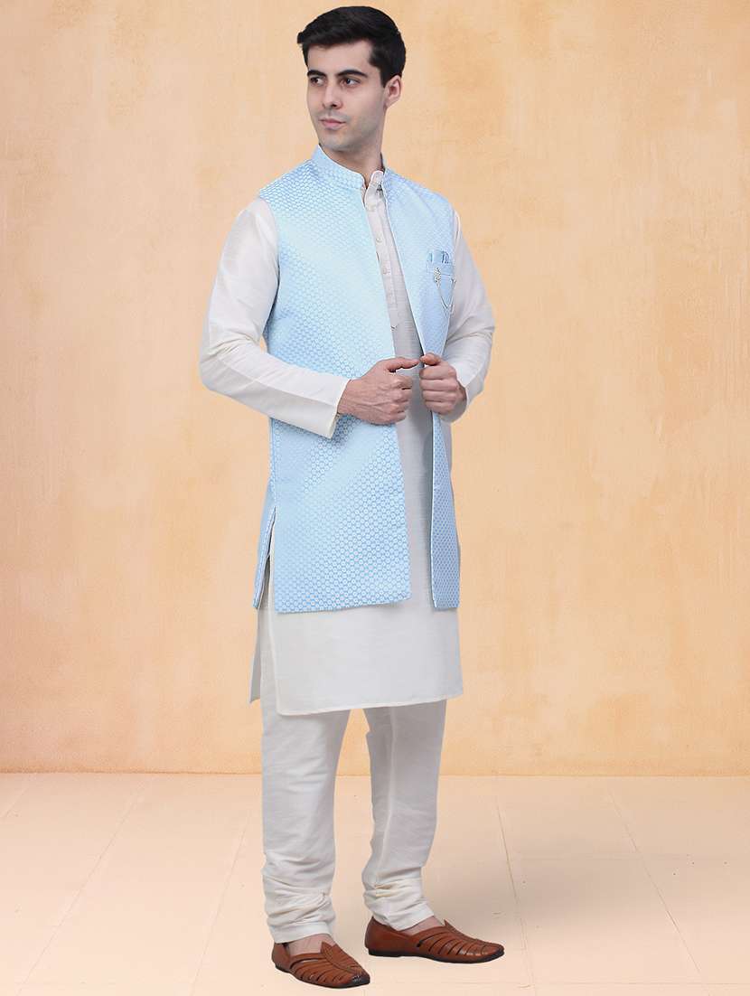 men self design mandarin neck kurta pyjama with jacket set - 22226473 -  Standard Image - 1