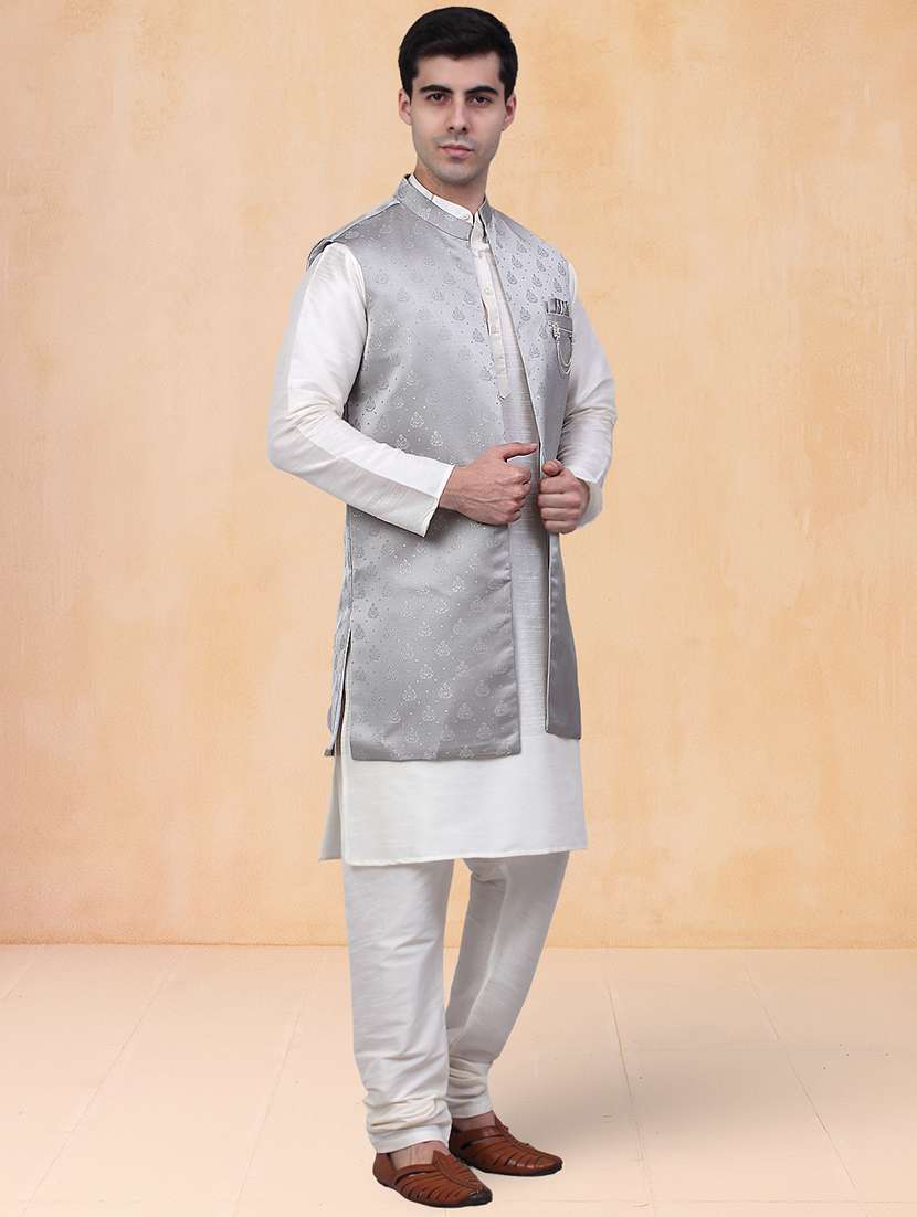 men self design mandarin neck kurta pyjama with jacket set - 22226477 -  Standard Image - 1