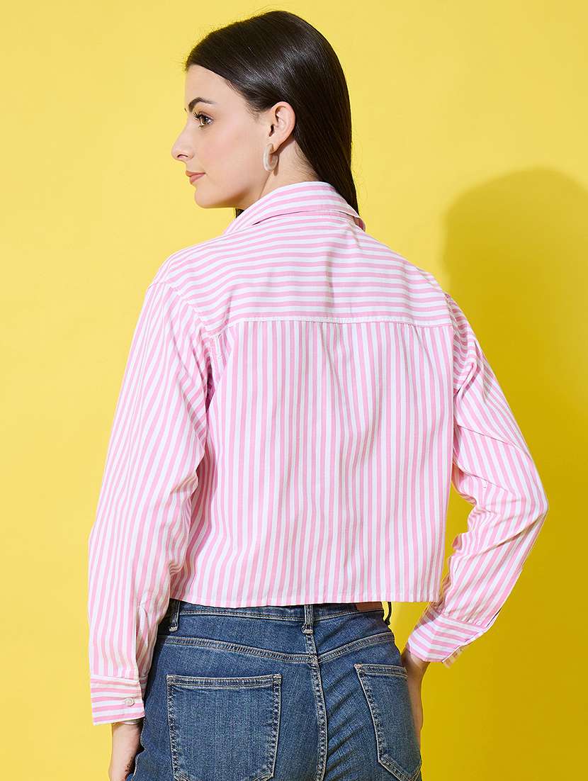 women striped long sleeve collared crop shirt - 22226515 -  Standard Image - 4