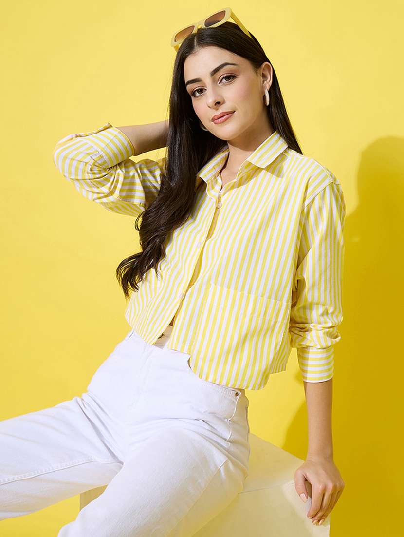 women striped long sleeve collared crop shirt