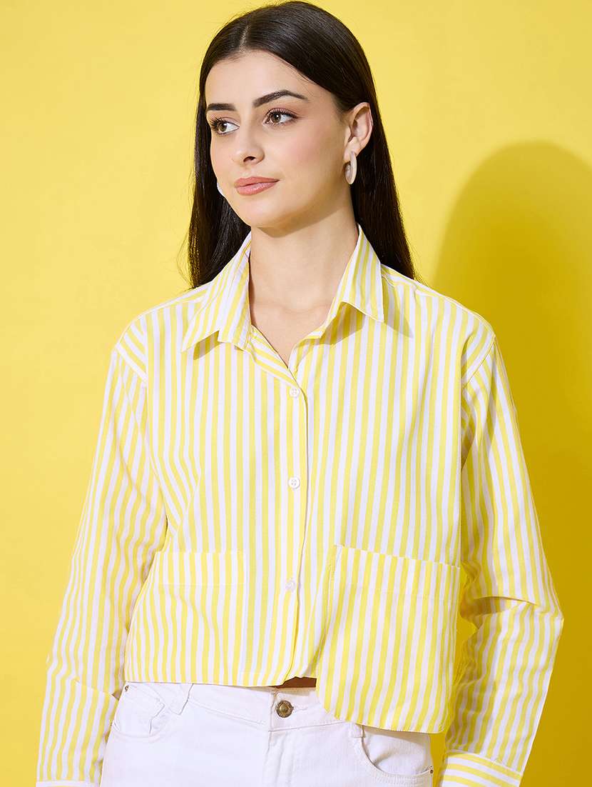 women striped long sleeve collared crop shirt - 22226516 -  Standard Image - 1