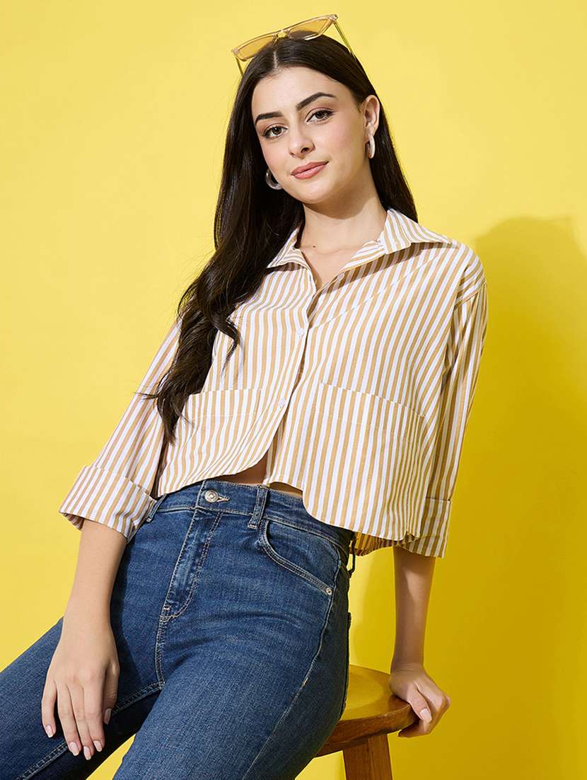 women striped long sleeve collared crop shirt