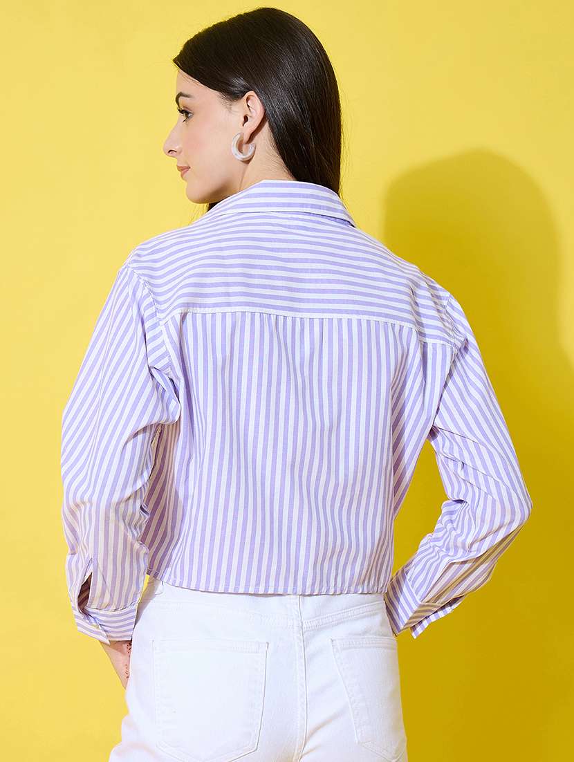 women striped long sleeve collared crop shirt - 22226518 -  Standard Image - 4