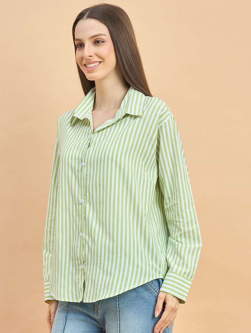 women striped collared long sleeve oversized shirt - 22226535 -  Standard Image - 1