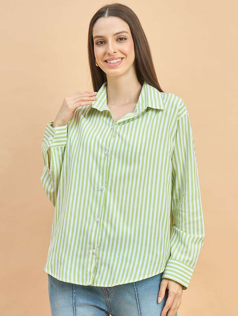 women striped collared long sleeve oversized shirt - 22226535 -  Standard Image - 4