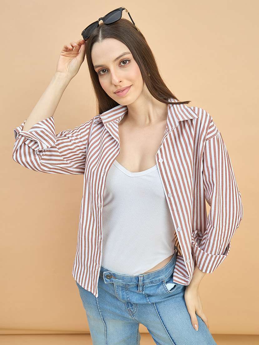 women striped collared long sleeve oversized shirt
