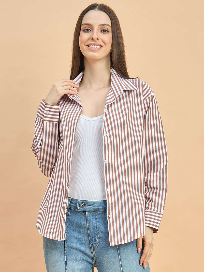 women striped collared long sleeve oversized shirt - 22226536 -  Standard Image - 4