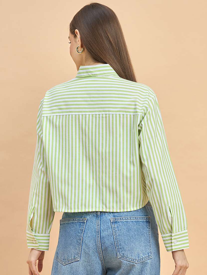 women striped collared long sleeve crop shirt - 22226537 -  Standard Image - 4