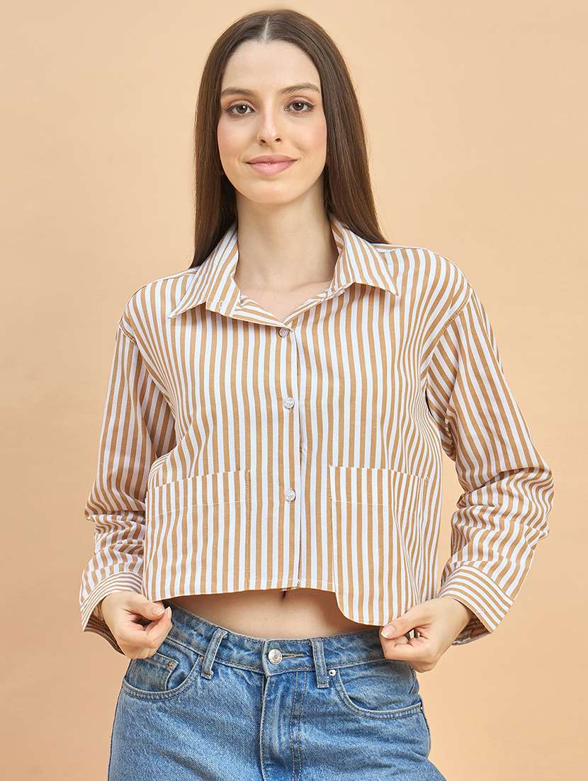 women striped collared long sleeve crop shirt - 22226540 -  Standard Image - 1