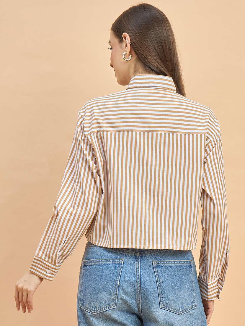 women striped collared long sleeve crop shirt - 22226540 -  Standard Image - 4