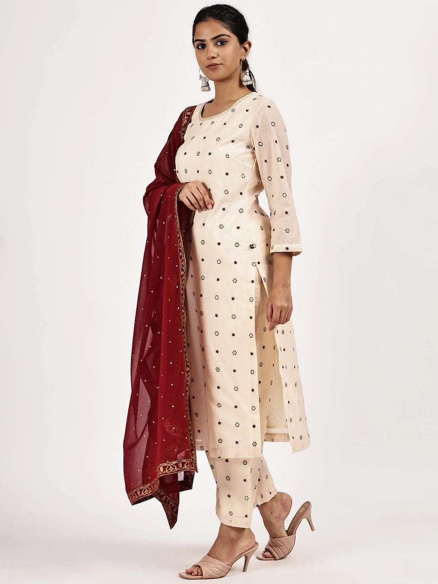 women solid with work three quarter sleeve kurta pant with dupatta set - 22226546 -  Standard Image - 1