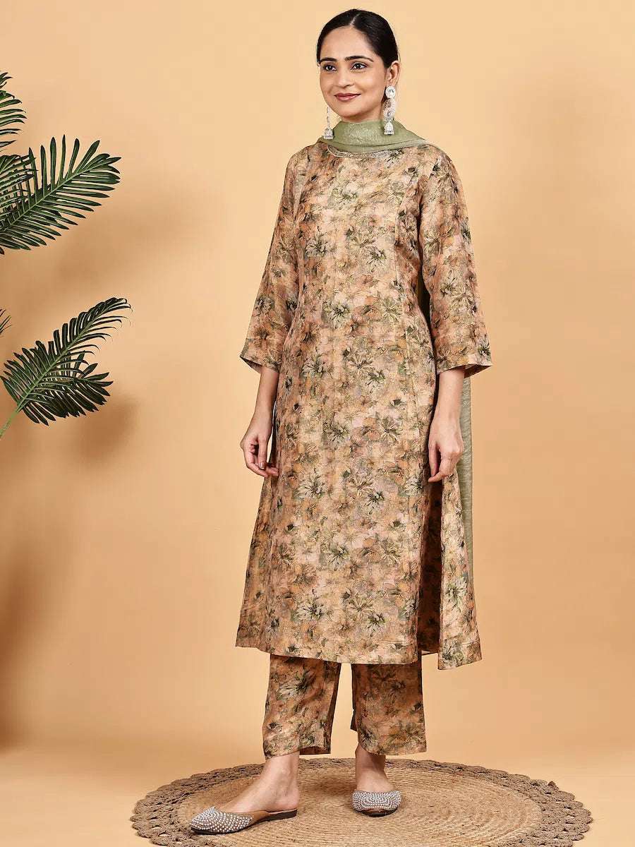 women floral three quarter sleeve kurta pant with dupatta set - 22226572 -  Standard Image - 1