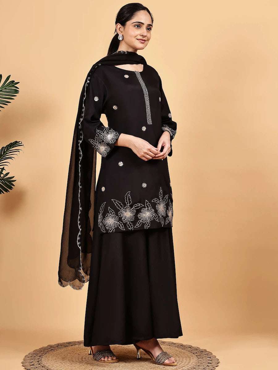 women solid with work three quarter sleeve kurta sharara with dupatta set - 22226580 -  Standard Image - 1