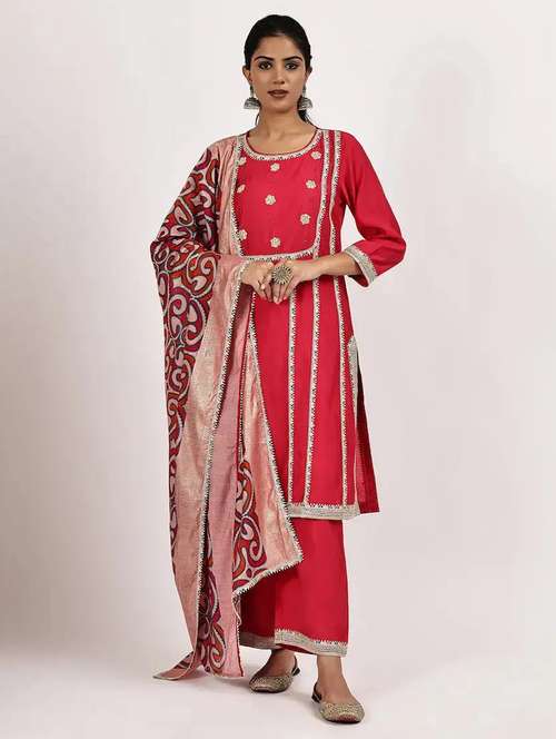women solid with work three quarter sleeve kurta pant with dupatta set - 22226599 -  Standard Image - 0
