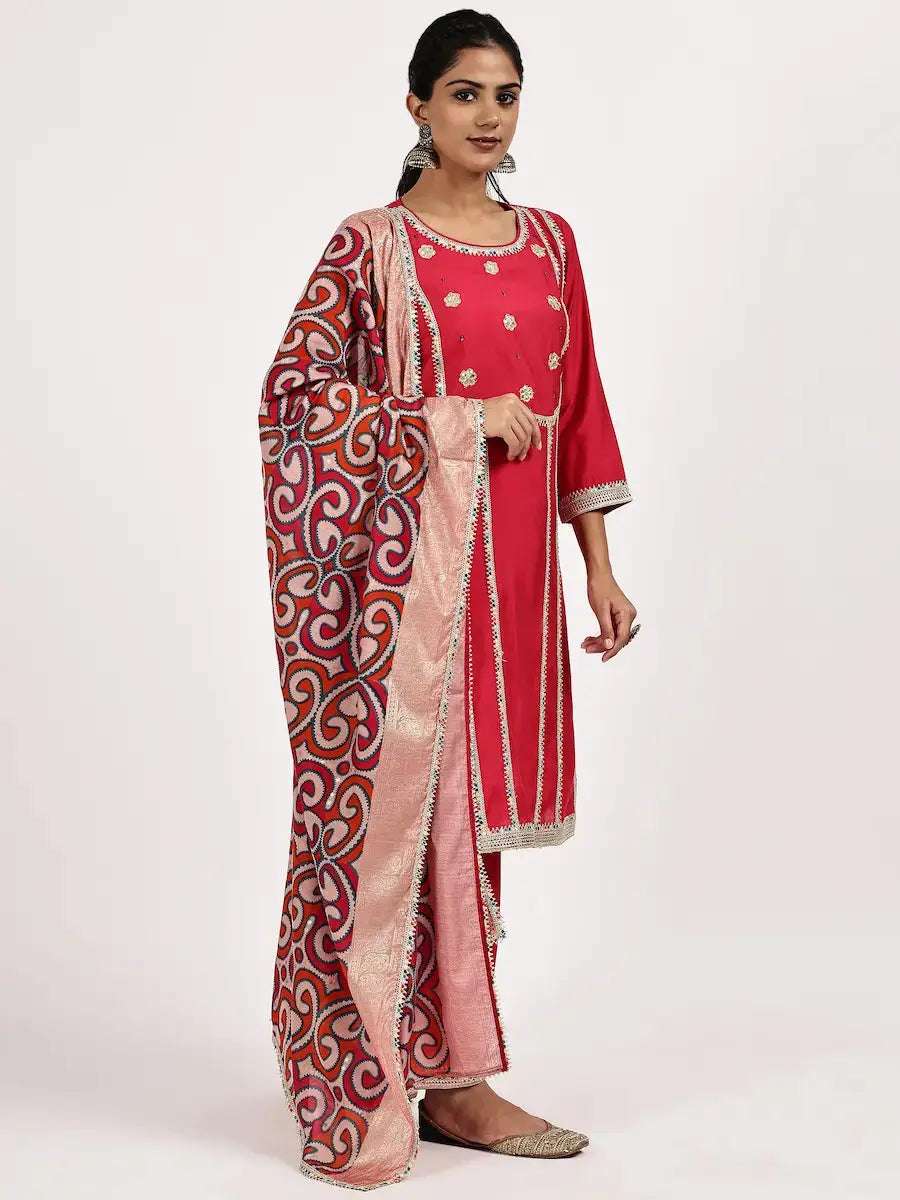 women solid with work three quarter sleeve kurta pant with dupatta set - 22226599 -  Standard Image - 1