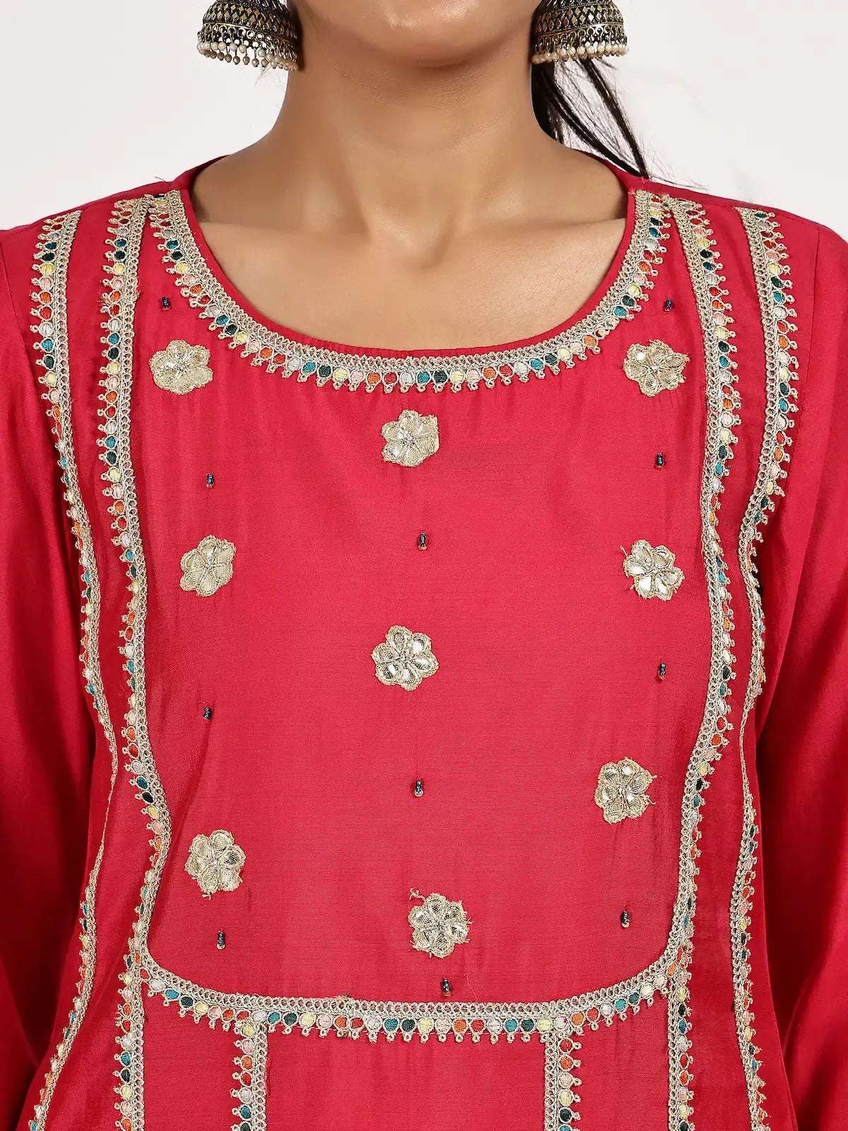 women solid with work three quarter sleeve kurta pant with dupatta set - 22226599 -  Standard Image - 4