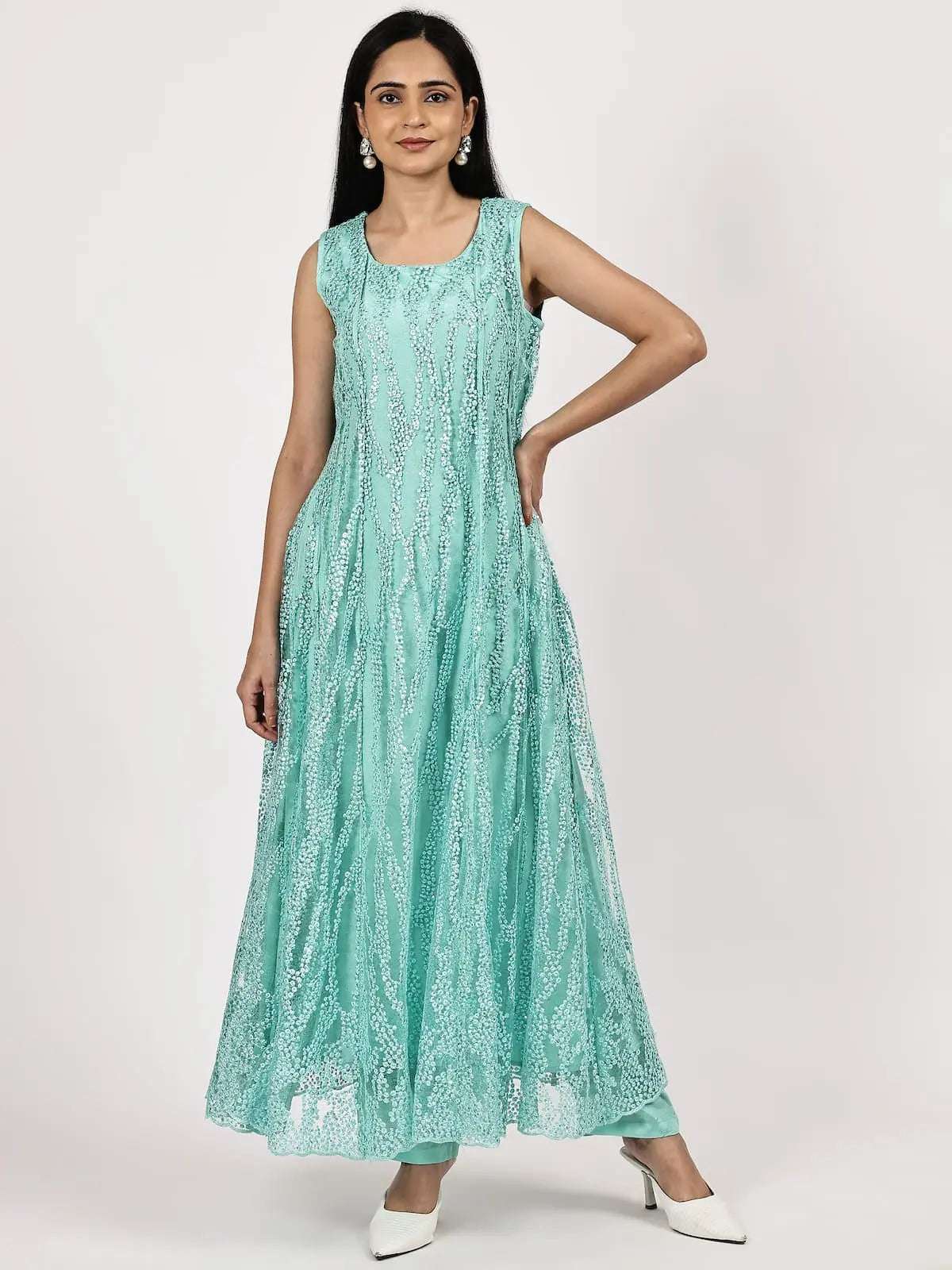 women solid with work sleeveless kurta pant with dupatta set - 22226601 -  Standard Image - 1