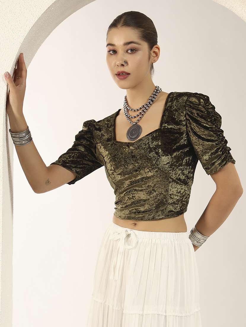 women solid puff sleeve stitched blouse - 22226838 -  Standard Image - 1